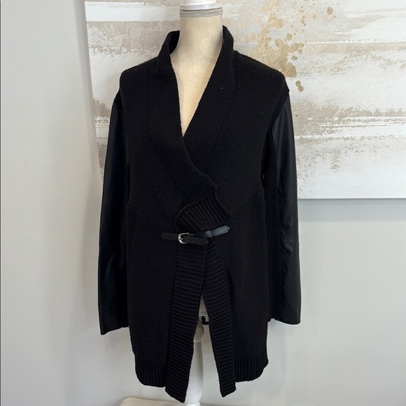 Ellen Tracy Sweaters - Ellen Tracy Black Knit Cardigan w/ Leather Sleeves and small “belt” closure M/L